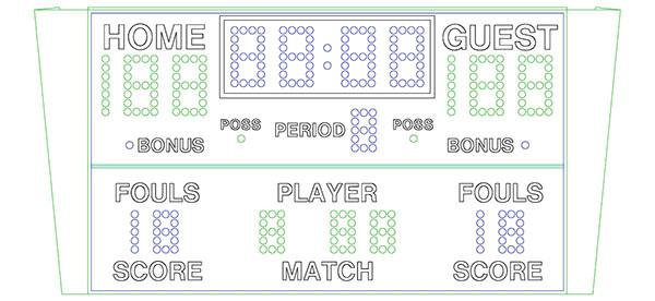 9'0" x 5'5" Basketball Scoreboard w/Bonus&Poss Indicators Angled T/B