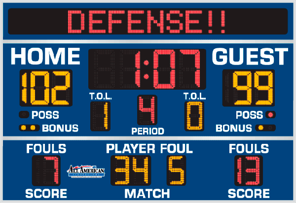 6'4" x 9'0" Basketball Scoreboard w Fouls and Electronic Message Center