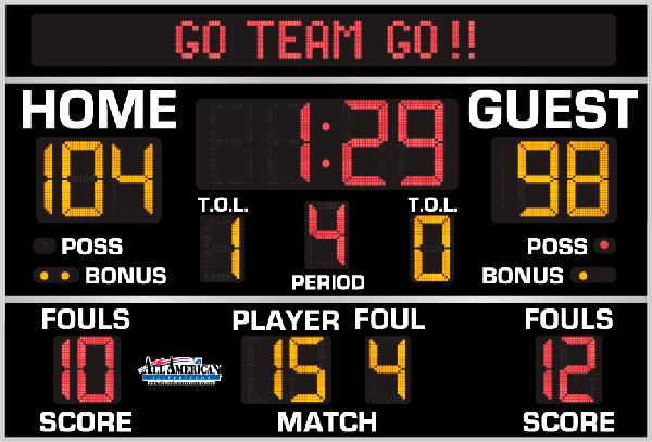 8'2" x 9'0" Basketball Scoreboard w Fouls and Electronic Message Center